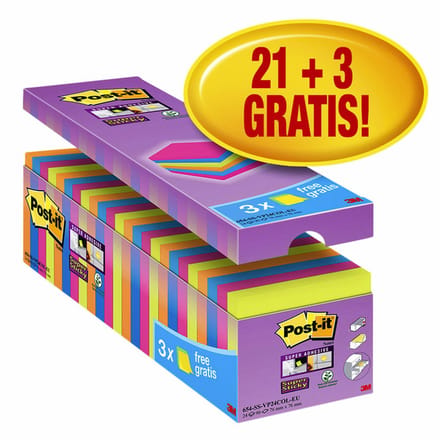 3M Post-it Super Sticky 76x76mm 24x 90 Sheets Assorted: Post-it Super Sticky 76x76mm, 24 pakjes van elk met 90 vellen in verschillende kleuren