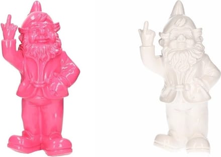Tuinkabouters - 2x - roze/wit - polystone - 30 cm - middelvinger