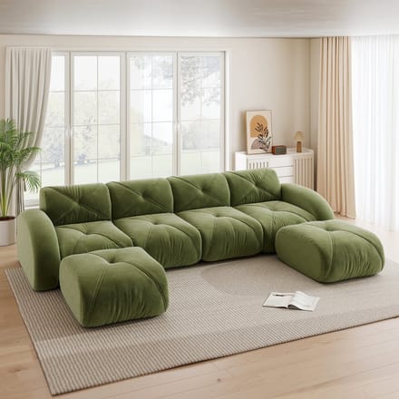HAUSS SPOLE U-Bank - Modulsofa Zonder Frame - 4-Zits Met 2 Hockers - Voor Woonkamer En Lounge - Chenille Groen