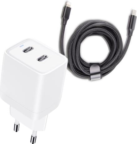 Lange snellader 2 poorten geschikt voor Lightning (iPhone 14/13/12) - 45w Snellader - Usb-C Power Adapter - 3 Meter