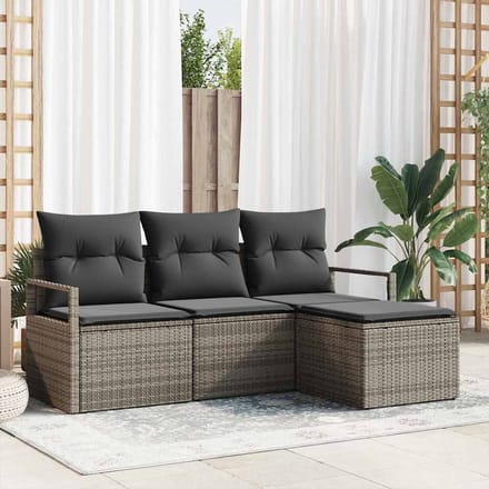 vidaXL Bankstel met kussen met opslag 4 pcs Grijs poly rattan