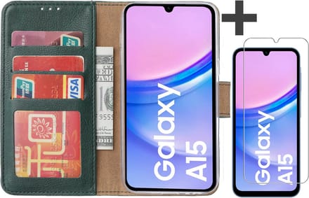 Hoesje met Screenprotector Geschikt voor Samsung Galaxy A15 – Arara bookcase met pasjeshouder - Groen