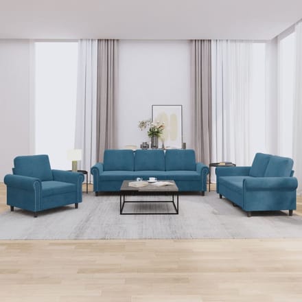 vidaXL - 3-delige - Loungeset - met - kussens - fluweel - blauw