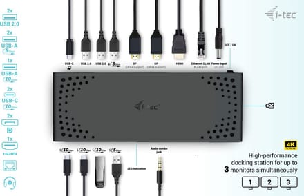 i-Tec - USB-C - Thunderbolt Docking Station - 2 x Displayport - 1 x HDMI - Ethernet - 5 x USB-A - 2 x USB-C - Audio - 100W opladen