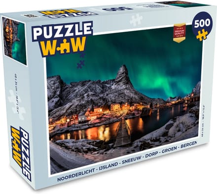 Puzzel Noorderlicht - IJsland - Sneeuw - Dorp - Groen - Bergen - Legpuzzel - Puzzel 500 stukjes
