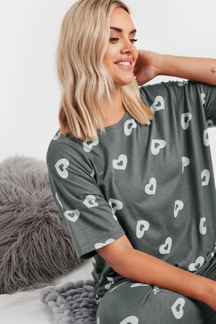 Yours Pyjamaset Van Katoenmix Met Hartontwerp In Grijs Size 42-44