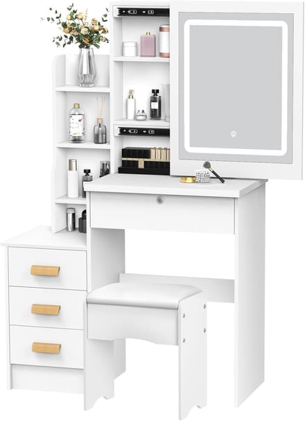 Kaptafel Set - Make-up Meubel - Snel Klaarmaken - Verstelbaar Licht - 4 Lades - Wit