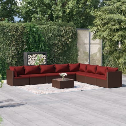 vidaXL - 9-delige - Loungeset - met - kussens - poly - rattan - bruin