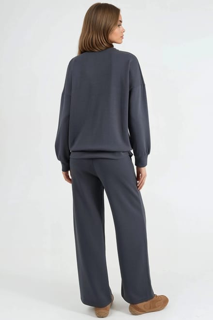 Modal Touch Pullover met Ronde Hals en Wijde Broek Twee-Delige Set
