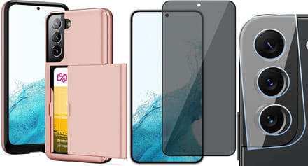 Hoesje met Pasjeshouder geschikt voor Samsung Galaxy S22 - Privacy Screenprotector FullGuard & Camera Lens Screen Protector - Back Cover SlideCase Roségoud