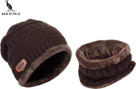 San Vitale® - Muts - Set met Col - Dikste kwaliteit - 180+ gram - Muts Heren - Beanie - Wintermuts - Donkerbruin/Bruin