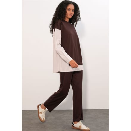Gestreepte Lange Crew Neck Twee-Delige Coördineer Set