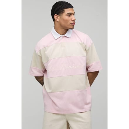 Oversized La Residence Geborduurd Gestreept Rugby Polo | Pink | Size Medium
