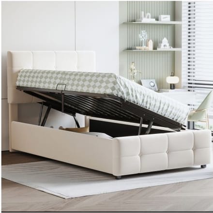 Kinderbed - MUVOE - 90x200 cm - Hydraulische opberging - Verstelbaar hoofdeinde - Beige grijs