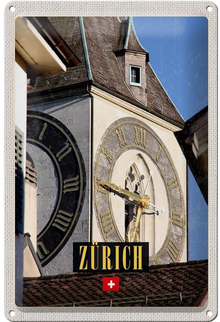 Blechschild Reise 20x30cm Zürich Kirchenuhr Gold Architektur