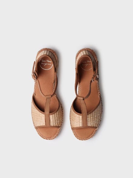 Dames espadrilles met lage hak van raffia en leer | DONATA-RP