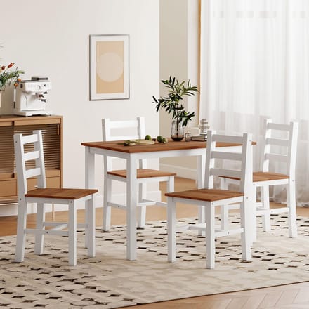Pugsdrly - Eethoekset - Eethoek met eettafel en 4 stoelen - Grenenhout - Bruin en wit - Eetkamerset