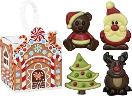Gingerbread house hanger met luxe chocolaatjes 4 stuks - Kerst - Luxe Chocolade - Chocola - kerstboom - Gingerbread house - Sneeuwpop
