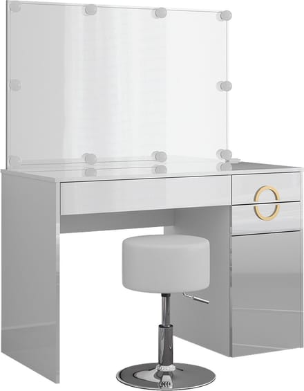 Vicco Kaptafel set met kruk Adela, Wit, 115 cm met spiegel, LED-lichtslinger en kruk
