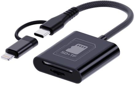 USB-C + 8-Pin naar SD + Micro-SD (TF) Geheugenkaartlezer - Adapter voor iPhone, iPad, MacBook en Android - zwart