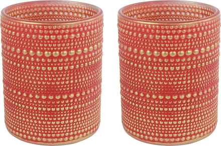 Countryfield Luxe theelichthouder - 2x stuks - Aurora - glas - rood/goud - D7 x H8 cm