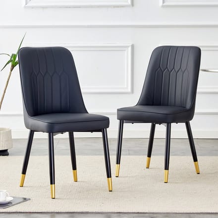 MODFU Eetkamerstoel set van 2, PU kunstleer, metalen poten, zwart, ergonomische rugleuning