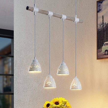 Lindby - hanglamp - 4lichts - staal, keramiek, hout - H: 12 cm - E14 - licht hout, wit