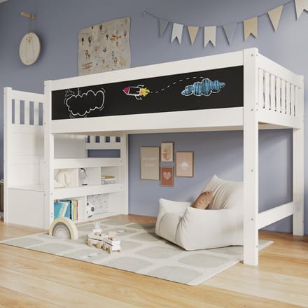 Sweiko Halfhoogslaper - 90 x 200 cm - met Graffitibord - Opbergplank - Wit