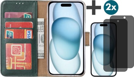 Hoesje met Privacy Screenprotectors 2 Stuks Geschikt voor iPhone 15 Plus – Arara bookcase met pasjeshouder - Groen