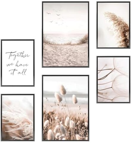 Premium Posterset Kuststijl - 2 A3 en 4 A4 Ingelijste Prints - Mindful Beige Beach