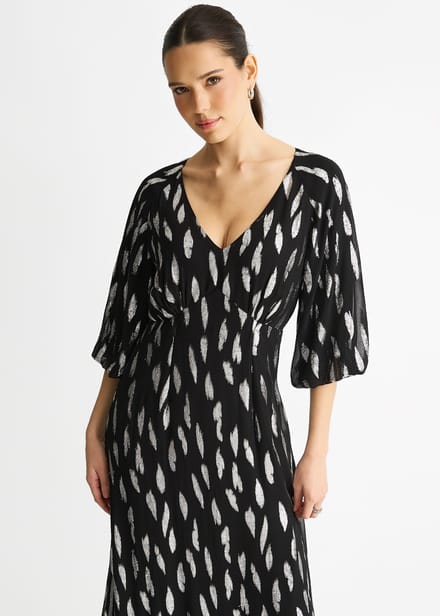 Zwarte viscose maxi-jurk met geknipte ballonmouwen