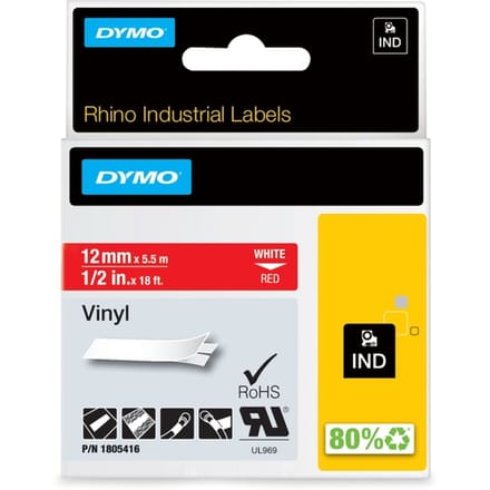 DYMO Rhino industriële Vinyl Labels | 12 mm x 5,5 m | witte afdruk op rood | zelfklevende labels voor Rhino & LabelManager labelprinters