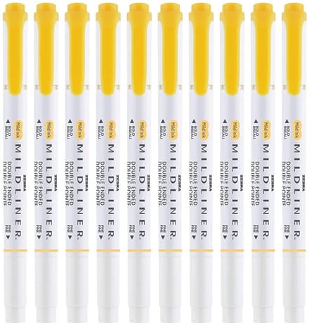 Zebra Mildliner Double-Sided Highlighter - Fine / Bold – Mild Gold Set van 10 + een Luxe Zipperbag - WKT7-MGO