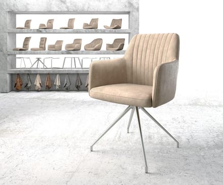Gestoffeerde-stoel Greg-Flex kruisframe conisch roestvrij staal microvelours beige vintage pocketveer kern