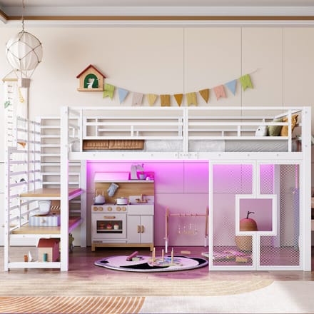PHOEBE CAT Hoogslaper - 90 x 200 cm - Metalen bedframe - Opbergruimte - LED-verlichting - Kinderbed - Wit