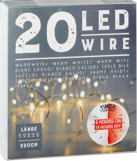 Draadverlichting lichtsnoer - 220 cm - 20 leds - warm wit - batterij - timer - kerstverlichting