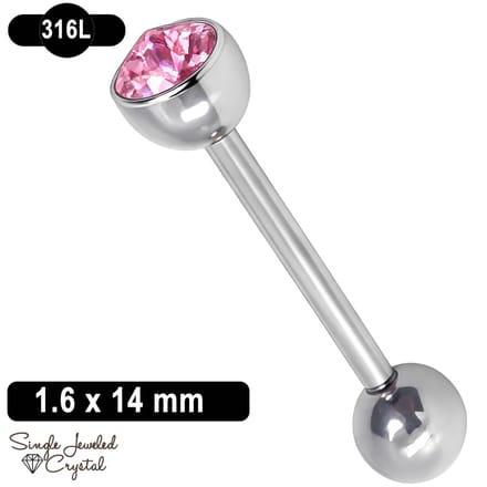 Tongpiercing - 1.6 x 14 mm - 316L Chirurgisch Staal - Barbell - Cone Kristal - Roze