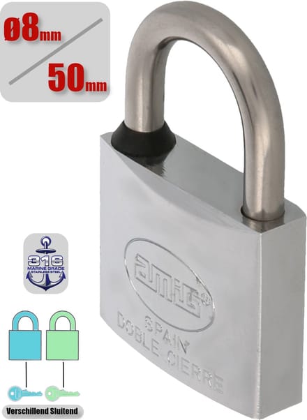 AMIG Hangslot met Sleutel RVS Ø8/50mm - Standaard Beugel Buiten Weerbestendig