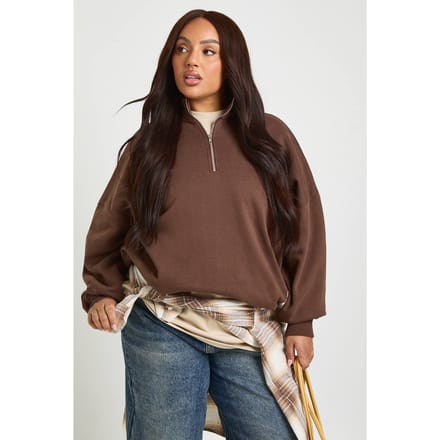 boohoo Dames Plus Oversized Half Zip Sweatshirt | Chocoladebruin | Maat: 44