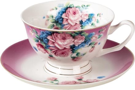 Clayre & Eef Kop en Schotel 200 ml Paars Porselein Bloemen