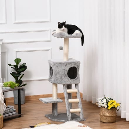 REDOM - Kattenkrabpaal - pluche - met huisje - 50L x 40B x 120H cm LIGHT GREY
