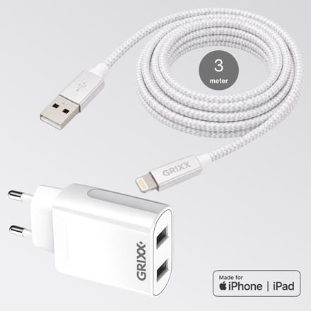 Oplader iPhone met Lightning naar USB-A kabel - Grixx - MFi - 3 meter - Wit