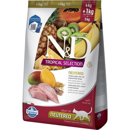 5kg (4 +1kg) N&D Cat Tropical Selection Gecastreerd met kip droog kattenvoer