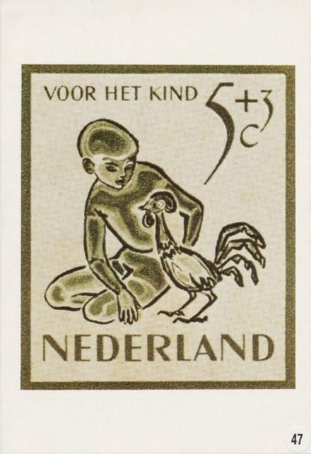 Briefkaart met afbeelding jongen met haan postzegel