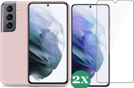 Hoesje geschikt voor Samsung Galaxy S21 FE - 2x Screenprotector Glas - Schokbestendig Roze