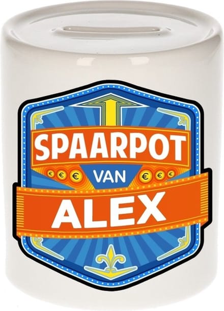 Bellatio Decorations Kinder spaarpot met naam - Alex - keramiek - met dop - wit - Sparen - Spaargeld van Alex