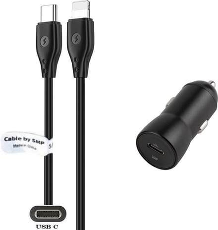 OneOne auto snellader + 1,0m OneOne USB C naar Lightning kabel. 20W lader. Universele autolader adapter past op Apple iPhone 12 Pro (Max), iPhone 13, iPhone 13 Mini, iPhone 13 Pro (Max), iPhone 14, iPhone 14 Plus, iPhone 14 Pro (Max)