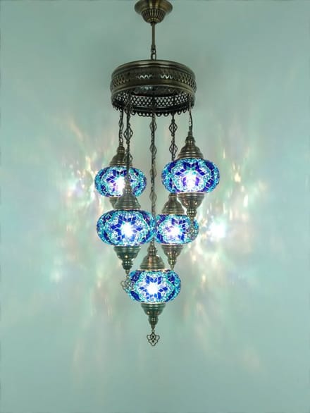 Turkse hanglamp - mozaïek glas blauw - 5 bollen - hoogte 110 cm - E-14 fitting