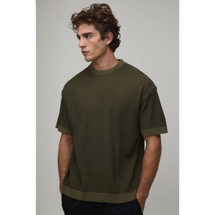 Regular Fit Geribbeld Ringer Gebreid T-shirt | Olive | Size Small