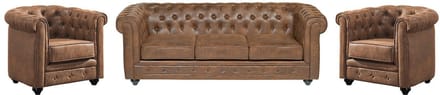 Vente-unique Driezitsbank en 2 fauteuils CHESTERFIELD van microvezel met vintage look